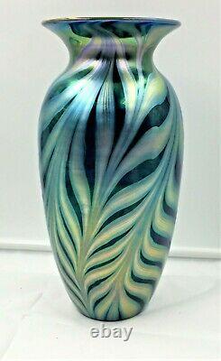 11 Tall Lundberg Studios Iridescent Art Glass Pulled Feather Vase-sgnd/dated