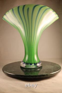 12 Heavy MCM Eastern Hand Blown Art Glass Vase Green with Pulled Cane Design