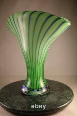 12 Heavy MCM Eastern Hand Blown Art Glass Vase Green with Pulled Cane Design