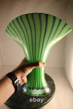12 Heavy MCM Eastern Hand Blown Art Glass Vase Green with Pulled Cane Design
