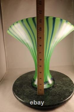 12 Heavy MCM Eastern Hand Blown Art Glass Vase Green with Pulled Cane Design