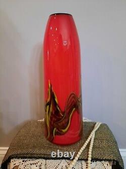 14 Vibrant Red Hand Blown Art Glass Vase with Yellow /Black Swirls (Heavy)