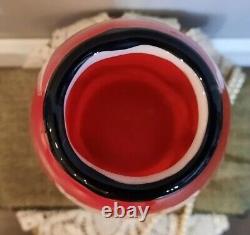 14 Vibrant Red Hand Blown Art Glass Vase with Yellow /Black Swirls (Heavy)
