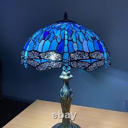 16 Inch Tiffany Blue Dragonfly style Table Lamp Stained Glass Shade Handcrafted