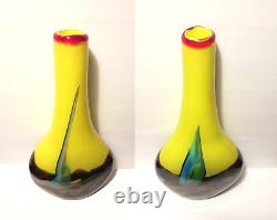 17 TALL YELLOW w PULLED BLUE FEATHER THICK 2 LAYER BLOWN ART GLASS VASE 6 LBS