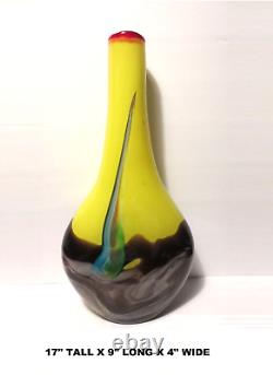 17 TALL YELLOW w PULLED BLUE FEATHER THICK 2 LAYER BLOWN ART GLASS VASE 6 LBS