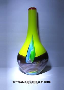 17 TALL YELLOW w PULLED BLUE FEATHER THICK 2 LAYER BLOWN ART GLASS VASE 6 LBS