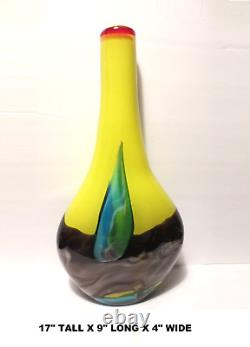 17 TALL YELLOW w PULLED BLUE FEATHER THICK 2 LAYER BLOWN ART GLASS VASE 6 LBS