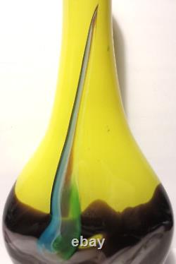 17 TALL YELLOW w PULLED BLUE FEATHER THICK 2 LAYER BLOWN ART GLASS VASE 6 LBS