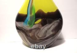 17 TALL YELLOW w PULLED BLUE FEATHER THICK 2 LAYER BLOWN ART GLASS VASE 6 LBS