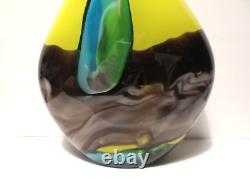 17 TALL YELLOW w PULLED BLUE FEATHER THICK 2 LAYER BLOWN ART GLASS VASE 6 LBS