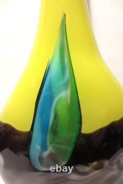 17 TALL YELLOW w PULLED BLUE FEATHER THICK 2 LAYER BLOWN ART GLASS VASE 6 LBS