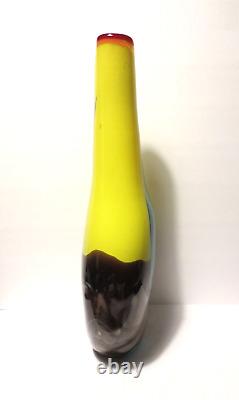 17 TALL YELLOW w PULLED BLUE FEATHER THICK 2 LAYER BLOWN ART GLASS VASE 6 LBS