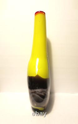 17 TALL YELLOW w PULLED BLUE FEATHER THICK 2 LAYER BLOWN ART GLASS VASE 6 LBS