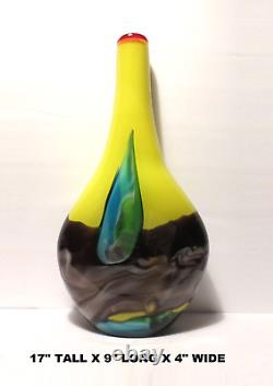 17 TALL YELLOW w PULLED BLUE FEATHER THICK 2 LAYER BLOWN ART GLASS VASE 6 LBS