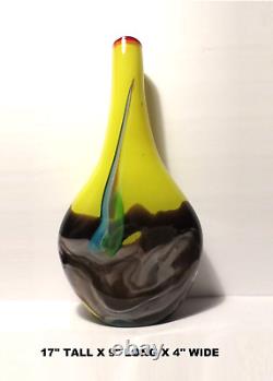 17 TALL YELLOW w PULLED BLUE FEATHER THICK 2 LAYER BLOWN ART GLASS VASE 6 LBS