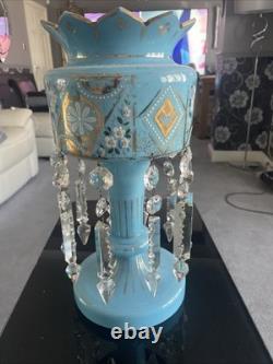 1870s BLUE BRISTOL GLASS FOOTED VASE BUTTERFLIES & FLOWERS 8 TEARDROP PENDANTS