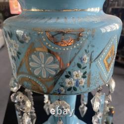 1870s BLUE BRISTOL GLASS FOOTED VASE BUTTERFLIES & FLOWERS 8 TEARDROP PENDANTS