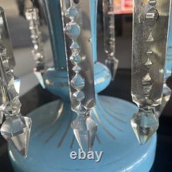 1870s BLUE BRISTOL GLASS FOOTED VASE BUTTERFLIES & FLOWERS 8 TEARDROP PENDANTS