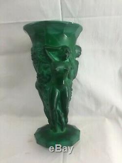 1930's Art Deco Bohemia Malachite Glass Great Harvest Vase C. Schevolgt 8 1/2