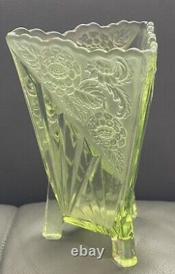 1930's Art Deco Uranium Glass Vase By Sowerby With Sandblasted Chrysanthemums