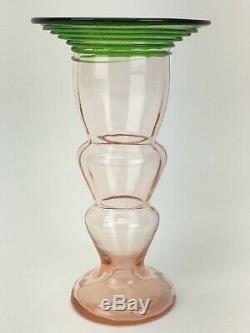 1930s Art Deco Czech Ribbed Pink Threaded Green Glass Vase Kralik Loetz Thread