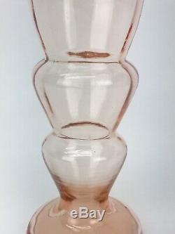 1930s Art Deco Czech Ribbed Pink Threaded Green Glass Vase Kralik Loetz Thread