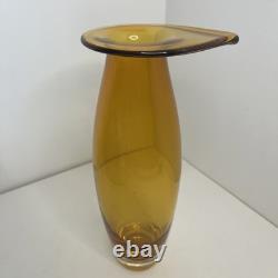 1980s Art Glass Vase Amber Retro Orange Tall Unusual Shape 11.5in Tall Very Rare