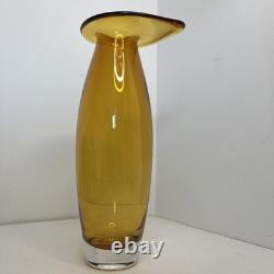 1980s Art Glass Vase Amber Retro Orange Tall Unusual Shape 11.5in Tall Very Rare