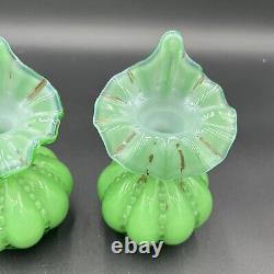 (2) FENTON GREEN BEADED MELON JACK-IN-PULPIT VASES 5 1/4 A+++ Condition