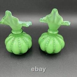 (2) FENTON GREEN BEADED MELON JACK-IN-PULPIT VASES 5 1/4 A+++ Condition