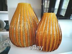 (2) Large SEGUSO Murano Art Glass Amber RIBBED Goldstone Golden VASES MUSEUM