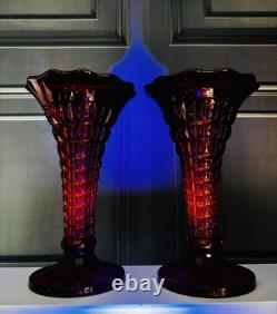 2 Vintage Art Deco Large Amberina Red Ruby Glass Vase Glow UV Cadmium Fenton
