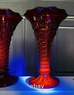 2 Vintage Art Deco Large Amberina Red Ruby Glass Vase Glow UV Cadmium Fenton