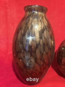 2 Vintage Aventurine and Black Fusion art glass Vases-great Condition 9&7 (J5)