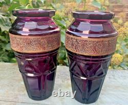 2 X Karlsbad Moser Art Deco Glass Vases Cut Panels & Hunters