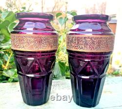 2 X Karlsbad Moser Art Deco Glass Vases Cut Panels & Hunters