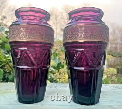2 X Karlsbad Moser Art Deco Glass Vases Cut Panels & Hunters
