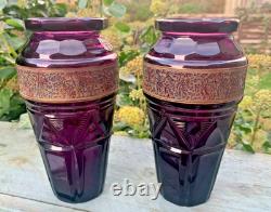 2 X Karlsbad Moser Art Deco Glass Vases Cut Panels & Hunters