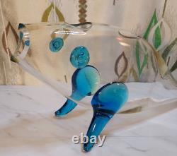 24 Vintage Empoli Blenko Art Glass Blue Fish 3 Hole Vase MID Century Atomic Htf