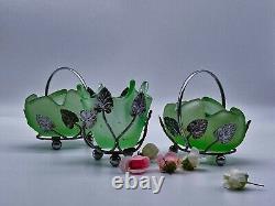 3 Art Deco Small Bagley Frosted Green Glass & Chrome Posy Vases