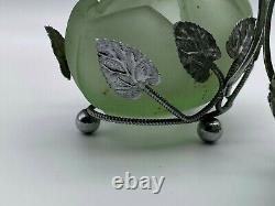 3 Art Deco Small Bagley Frosted Green Glass & Chrome Posy Vases