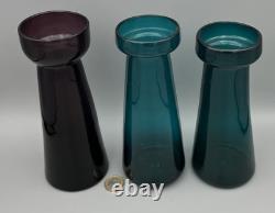 3 mid century modern art glass vase Scandinavian Riihimaki Style purple teal 70s
