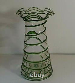 30 cm LARGE Art Nouveau Stuart & Sons Green Trailed Glass Vase Ruffled Rim