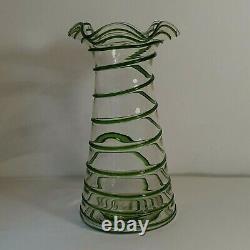 30 cm LARGE Art Nouveau Stuart & Sons Green Trailed Glass Vase Ruffled Rim