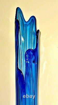 42 MID Century Peacock Blue Stretch Swung Art Glass Moon Bottom Floor Vase-mint