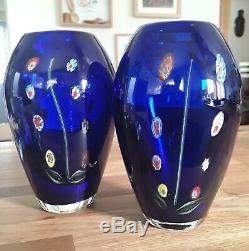 A Pear Of Vintage Italian Murano Venetian Millefiori Cobalt Blue Art Glass Vases