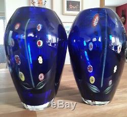 A Pear Of Vintage Italian Murano Venetian Millefiori Cobalt Blue Art Glass Vases