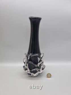 A Studio Glass Black Vintage Thumbprint Trumpet Vase, MCM