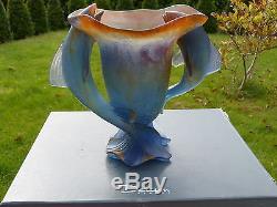 AMAZING Boxed DAUM FRANCE- SIGNED PATE DE VERRE TWO FISHES ART GLASS VASE